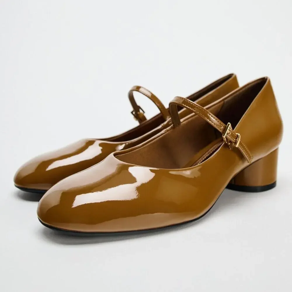 ZARA Mary Jane Patent Heels NWT – Ochre Buckled Block Heels, Size 8 & 9 - Picture 9 of 16